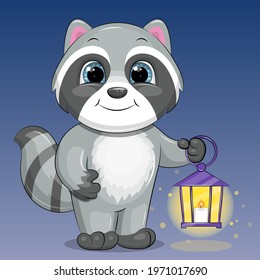 Cute cartoon raccoon with a lantern. Night vector illustration with animal.