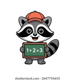 Matemática de aprendizado de guaxinim de desenhos animados bonito com boné de giz e beisebol