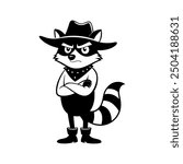 Cute cartoon raccoon in logo, icon style, 2d flat doodle illustration. Black and white, Raccoon Cartoon