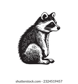 Cute cartoon raccoon in logo, icon style, 2d flat doodle illustration. Black and white
