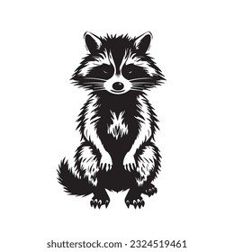 Cute cartoon raccoon in logo, icon style, 2d flat doodle illustration. Black and white
