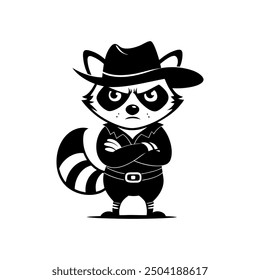 Cute cartoon raccoon in logo, icon style, 2d flat doodle illustration. Black and white, Raccoon Cartoon