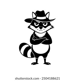 Cute cartoon raccoon in logo, icon style, 2d flat doodle illustration. Black and white, Raccoon Cartoon