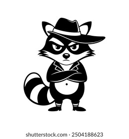 Cute cartoon raccoon in logo, icon style, 2d flat doodle illustration. Black and white, Raccoon Cartoon