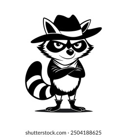 Cute cartoon raccoon in logo, icon style, 2d flat doodle illustration. Black and white, Raccoon Cartoon