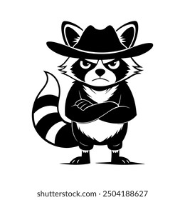 Cute cartoon raccoon in logo, icon style, 2d flat doodle illustration. Black and white, Raccoon Cartoon