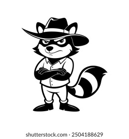 Cute cartoon raccoon in logo, icon style, 2d flat doodle illustration. Black and white, Raccoon Cartoon