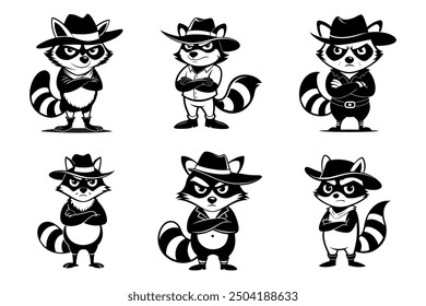 Cute cartoon raccoon in logo, icon style, 2d flat doodle illustration. Black and white, Raccoon Cartoon