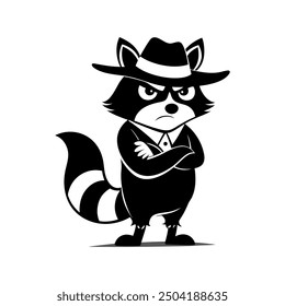 Cute cartoon raccoon in logo, icon style, 2d flat doodle illustration. Black and white, Raccoon Cartoon