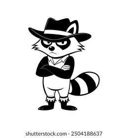 Cute cartoon raccoon in logo, icon style, 2d flat doodle illustration. Black and white, Raccoon Cartoon