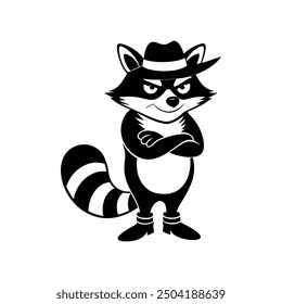 Cute cartoon raccoon in logo, icon style, 2d flat doodle illustration. Black and white, Raccoon Cartoon