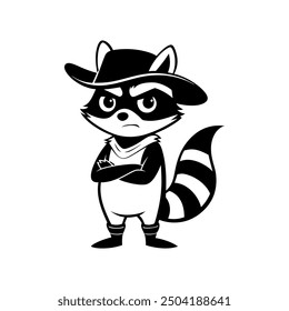 Cute cartoon raccoon in logo, icon style, 2d flat doodle illustration. Black and white, Raccoon Cartoon