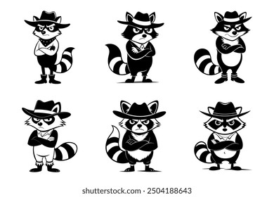 Cute cartoon raccoon in logo, icon style, 2d flat doodle illustration. Black and white, Raccoon Cartoon