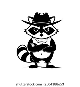 Cute cartoon raccoon in logo, icon style, 2d flat doodle illustration. Black and white, Raccoon Cartoon