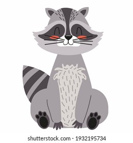 Cute cartoon raccoon. For nursery design, poster, birthday greeting cards. North American mammal animal. Flat vector illustration isolated on white background.