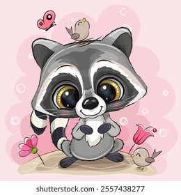 Cute Cartoon Raccoon on a meadow with birds and butterflies