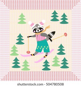 Cute cartoon raccoon on skiing in the forest. Winter knitted pattern with unusual frame. Christmas background. Greeting card. 