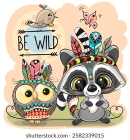 Cute Cartoon Raccoon and owl with feathers