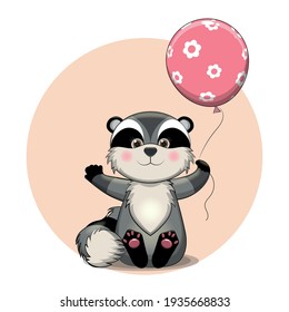 Cute cartoon raccoon with pink balloon on pink background. Vector illustration.