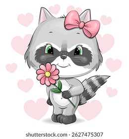 Guaxinim de desenhos animados bonito com flor rosa e arco de cabelo. Ilustração vetorial com animal sobre fundo branco com corações cor-de-rosa.