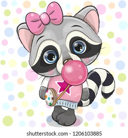 Cute Cartoon Raccoon in a pink hat with bubble gum