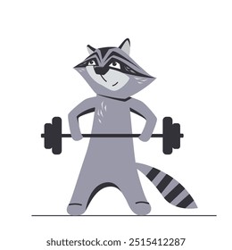 Cute cartoon raccoon playing sports. Kids character does weightlifting. Nice animal isolated on a white background.