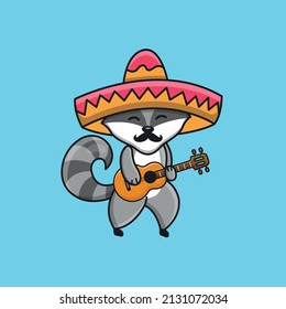 Cute cartoon raccoon in sambrero and with guitar in vector illustration. Isolated animal vector. Flat cartoon style