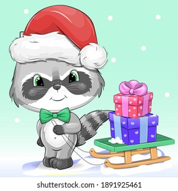 Cute cartoon raccoon in Santa hat with  gifts on sleigh. Christmas winter illustration on blue background. 