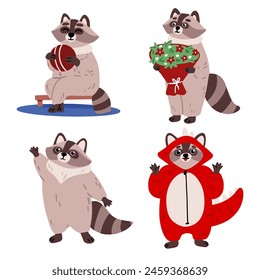 Cute cartoon raccoon set. Raccoon with Dexterous Front Paws and Ringed Tail. Emotion little raccoon. Cartoon animal character design.