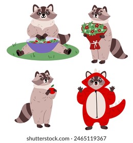 Cute cartoon raccoon set. Raccoon with Dexterous Front Paws and Ringed Tail. Emotion little raccoon. Cartoon animal character design.