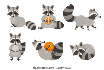Cute cartoon raccoon set. Funny raccoons collection. Emotion little raccoon. Cartoon animal character design. Flat vector illustration isolated on white background.