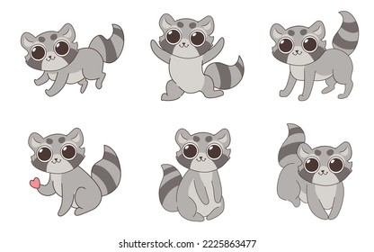 Cute cartoon raccoon set. Funny raccoons collection.  Cartoon animal character design. Flat vector illustration isolated on white background.