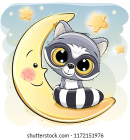 Cute Cartoon Raccoon is sitting on the moon