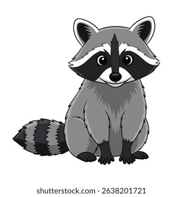 Cute Cartoon Raccoon Sitting with Striped Tail and Masked Eyes