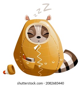 Cute Cartoon Raccoon Sleeping In A Sleeping Bag.