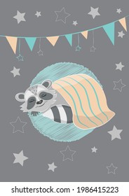 Cute cartoon raccoon sleeping under a blanket. Cheerful vector illustration for nursery decoration