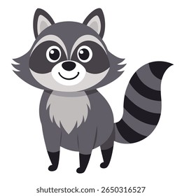 Belo guaxinim de desenho animado. Smiling animal floresta com cauda listrada. Adequado para cartaz educativo, logotipo, livros infantis e enciclopédias. Ilustração vetorial isolada sobre fundo branco. Vista frontal.