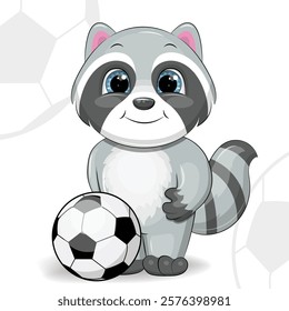 Cute cartoon raccoon with soccer ball. Vector illustration of an animal playing football on a white background with balls.