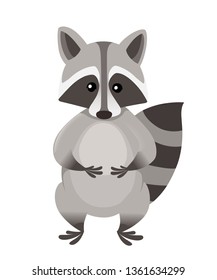 Cute cartoon raccoon stand in front. Cartoon animal character design. Flat vector illustration isolated on white background.