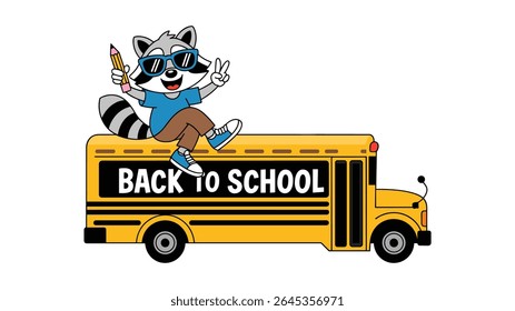 Cute Cartoon Raccoon Student on School Bus for Back to School