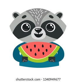 Cute cartoon raccoon with watermelon. Raccoon character vector print. 