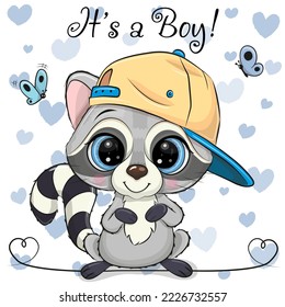 Cute Cartoon Raccoon with a yellow cap on a heart background