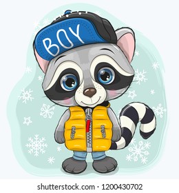 Cute Cartoon Raccoon in a yellow waistcoat on a snow background