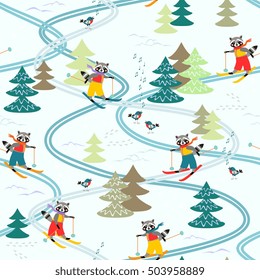 Cute cartoon raccoons on skiing in the forest. Winter seamless pattern. Christmas background.