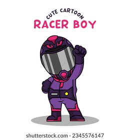 
Cute Cartoon racer boy wearing helmet and racing suit vector illustration.