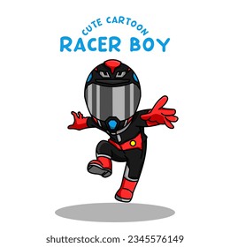 
Cute Cartoon racer boy wearing helmet and racing suit vector illustration.