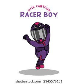 
Cute Cartoon racer boy wearing helmet and racing suit vector illustration.