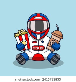 Cute cartoon racer boy wearing helmet and suit vector illustration.