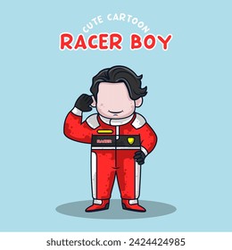 Cute cartoon racer boy wearing helmet and suit vector illustration
