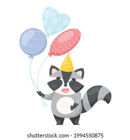 Cute cartoon racoon character with air balloons. Birthday card. vector illustration 